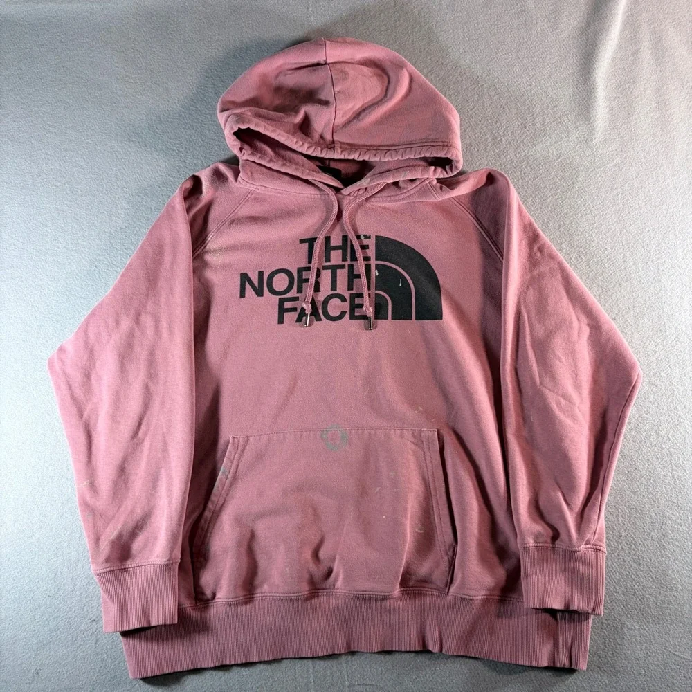 The North Face Hoodie Mens XL Pink Distressed Big Logo Pullover Sweatshirt